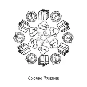 Coloring page of a Christmas gifts and hats mandala for kids