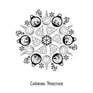 Coloring page of a Christmas baubles and trees mandala for kids