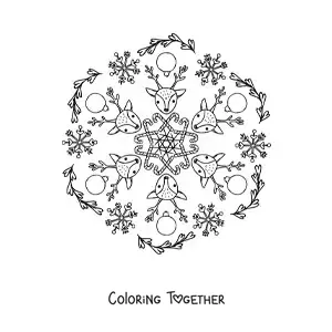 Coloring page of a Christmas reindeer and baubles mandala for kids