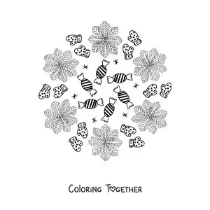 Coloring page of a Christmas candy and gloves mandala for kids