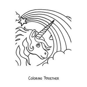 Coloring page of a unicorn's head with a rainbow in the background