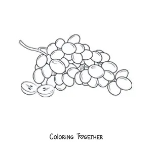 Coloring page of a bunch of grapes with one cut grape