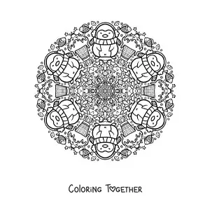 Coloring page of a Christmas mandala with kawaii penguins
