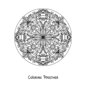 Coloring page of a Christmas mandala with bells and flowers