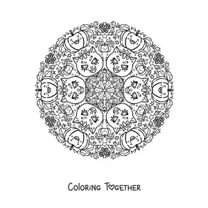 Coloring page of a kawaii Halloween mandala