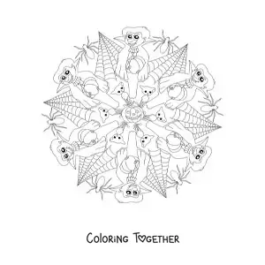 Coloring page of a Halloween mandala with vampires