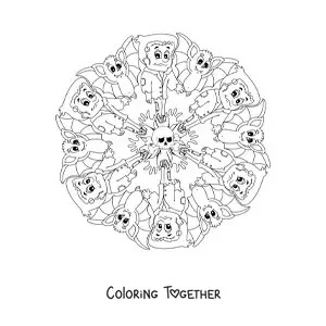Coloring page of a Halloween mandala with Frankenstein and a skull