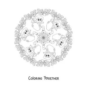 Coloring page of a Halloween mandala with a vampire and a coffin
