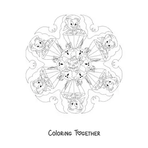 Coloring page of a Halloween mandala with a vampire and a pumpkin