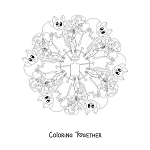 Coloring page of a Halloween mandala with a vampire and a bat