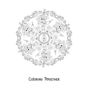 Coloring page of a Halloween mandala with a witch and potions