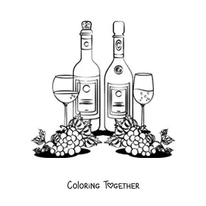 Coloring page of several grapes next to two bottles and two glasses of wine