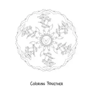 Coloring page of a Halloween mandala with a witch and bats