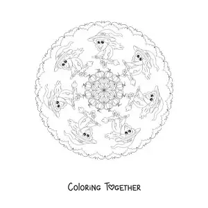 Coloring page of a Halloween mandala with a witch and bats
