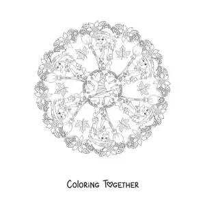 Coloring page of a Halloween mandala with a witch and a hat