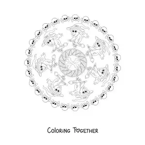 Coloring page of a Halloween mandala with a witch and skulls