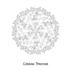 Coloring page of a Halloween mandala with a witch and a cauldron