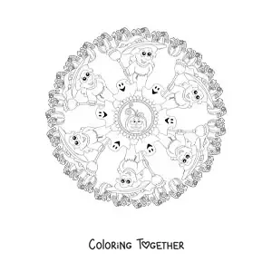 Coloring page of a Halloween mandala with a witch and ghosts