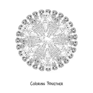 Coloring page of a Halloween mandala with a vampire and a mummy