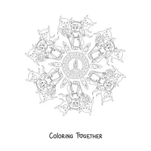 Coloring page of a Halloween mandala with a girl in costume