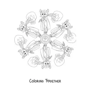 Coloring page of a Halloween mandala with a boy in costume