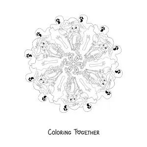 Coloring page of a Halloween mandala with a cat and ghosts