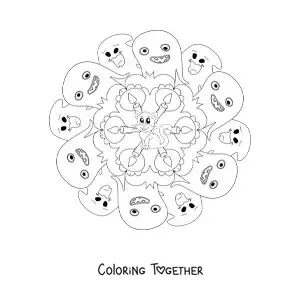 Coloring page of a Halloween mandala with a cat and ghosts