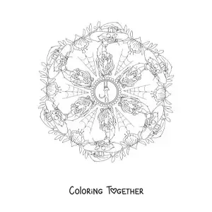 Coloring page of a Halloween mandala with a cat and spiderwebs