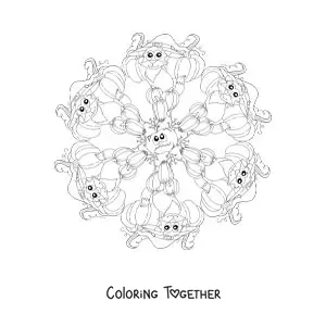 Coloring page of a Halloween mandala with a cat and pumpkins