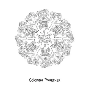 Coloring page of a Halloween mandala with a haunted house and pumpkins
