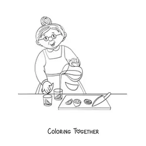 Coloring page of a grandma making lemonade