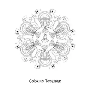 Coloring page of a Halloween mandala with a haunted house and ghosts