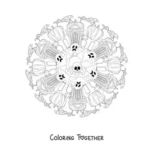 Coloring page of a Halloween mandala with a haunted house and a skull