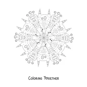 Coloring page of a Halloween mandala with monsters