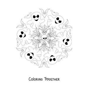 Coloring page of a Halloween mandala with bats and ghosts