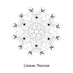 Coloring page of a Halloween mandala with monsters and ghosts