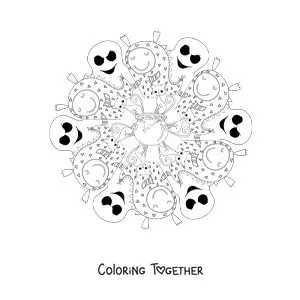 Coloring page of a Halloween mandala with monsters and ghosts