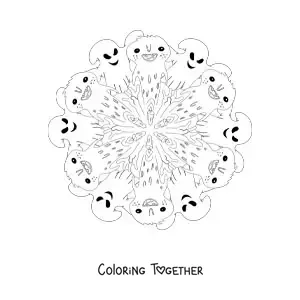 Coloring page of a Halloween mandala with monsters and ghosts