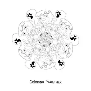 Coloring page of a Halloween mandala with monsters and ghosts