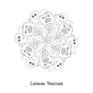Coloring page of a Halloween mandala with monsters and ghosts
