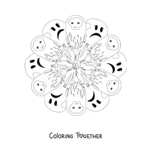 Coloring page of a Halloween mandala with ghosts