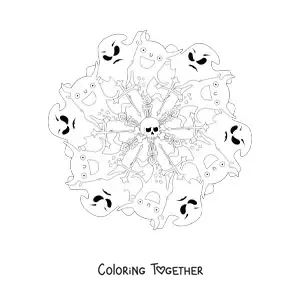 Coloring page of a Halloween mandala with ghosts