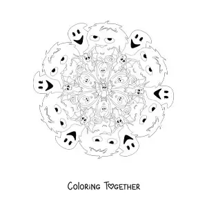 Coloring page of a Halloween mandala with ghosts