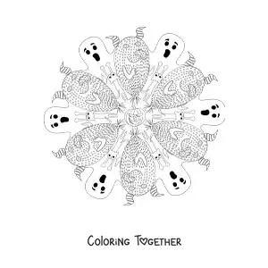 Coloring page of a Halloween mandala with ghosts
