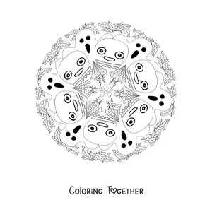 Coloring page of a Halloween mandala with ghosts