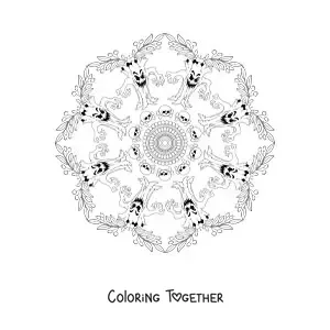 Coloring page of a Halloween mandala with a haunted tree