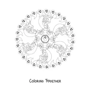 Coloring page of a Halloween mandala with a cat and owls