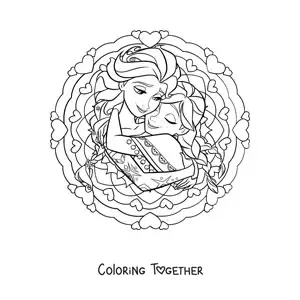 Coloring page of a mandala of Disney princesses Anna and Elsa