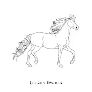 Coloring page of a galloping unicorn
