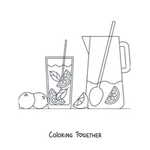 Coloring page of a pitcher and a glass of lemonade with lemons